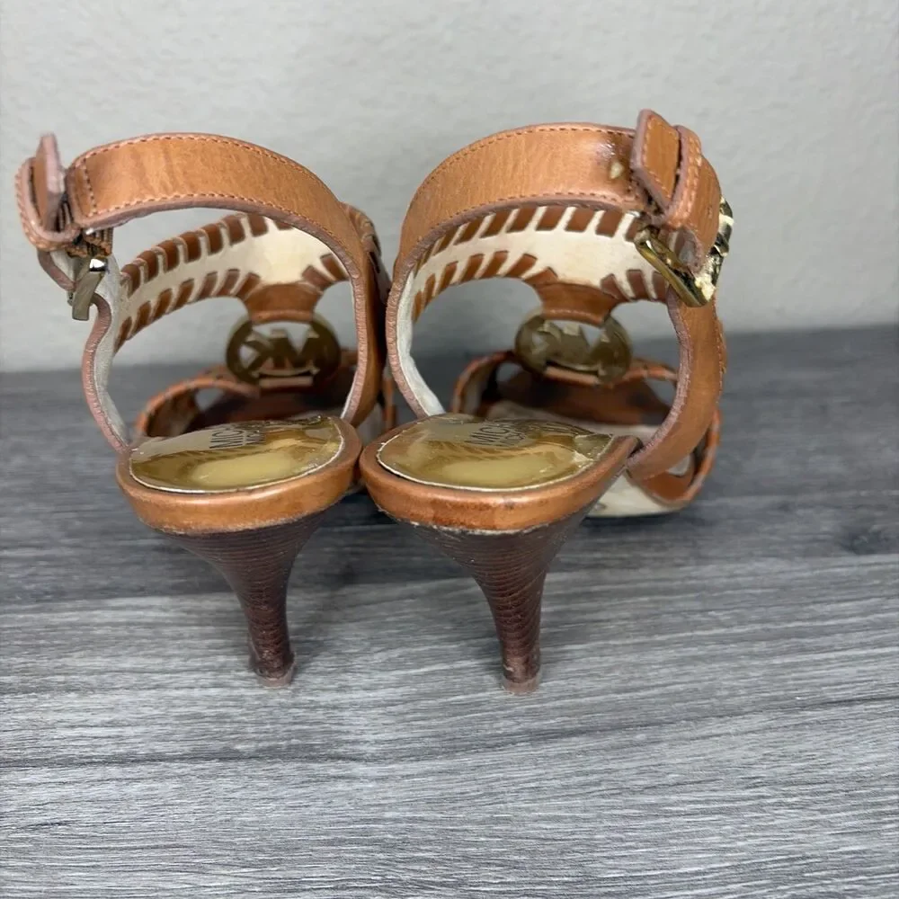 MICHAEL KORS Kalle T Strap Womens Brown Leather Heels Sandals 6.5 Whip Stitch